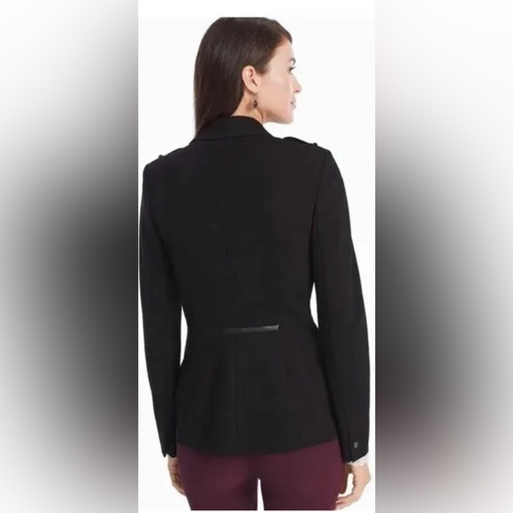 WHBM Blazer Military Blazer Black Epaulets Faux Leather Trim Ponte Crest Buttons - Picture 4 of 10